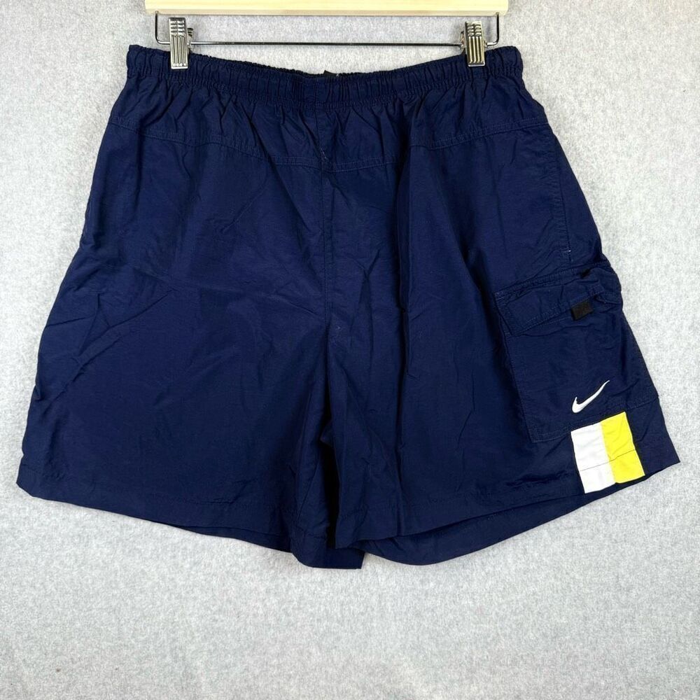 Nike Mens Size Large Drawstring Waist Swim Trunks Shorts Navy Blue Swoosh Logo